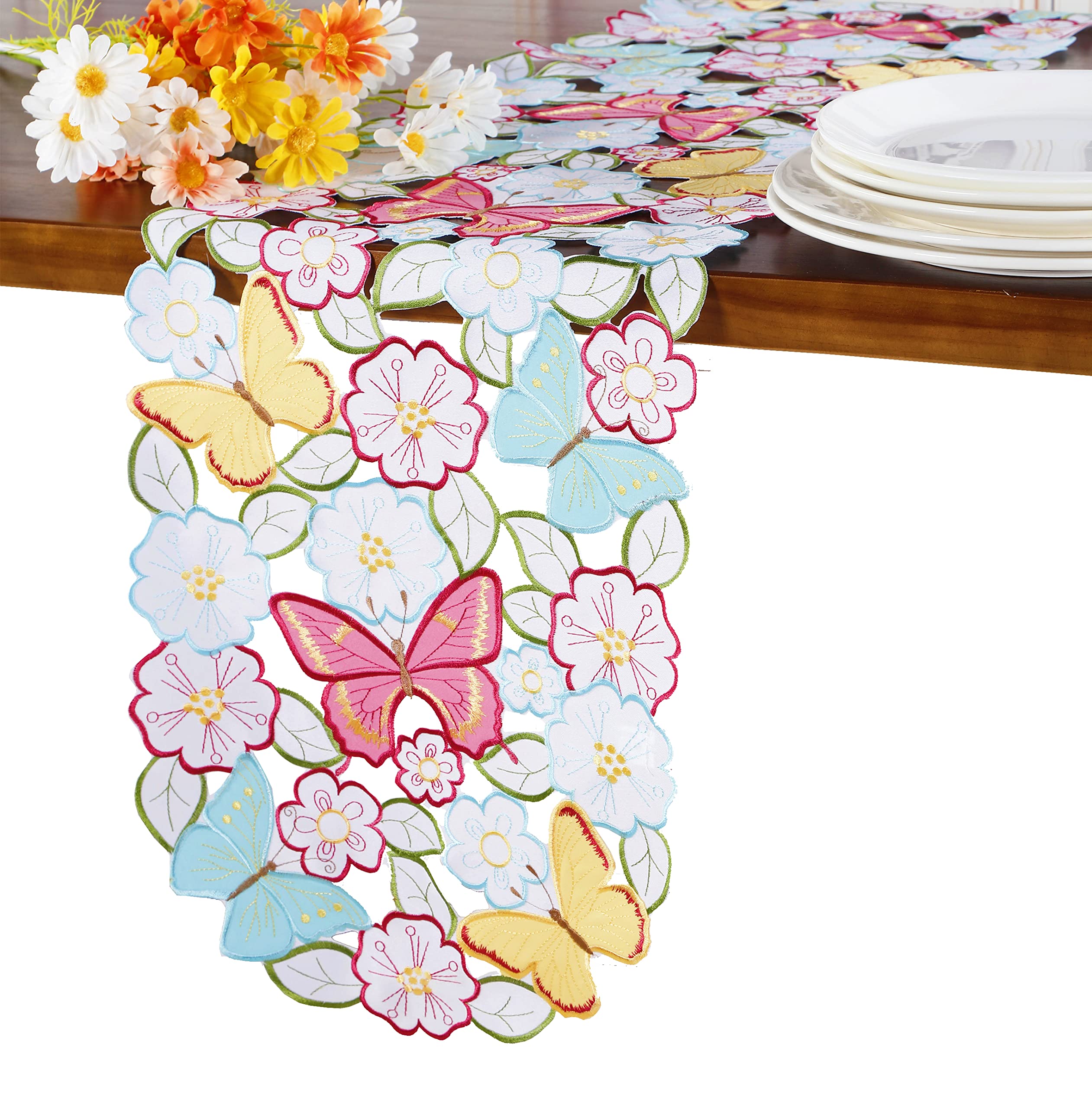 【点もの】蝶と花の刺繍テーブルランナー Amazon｜GRANDDECO 花の刺繍テーブルランナー 13インチx68インチ
